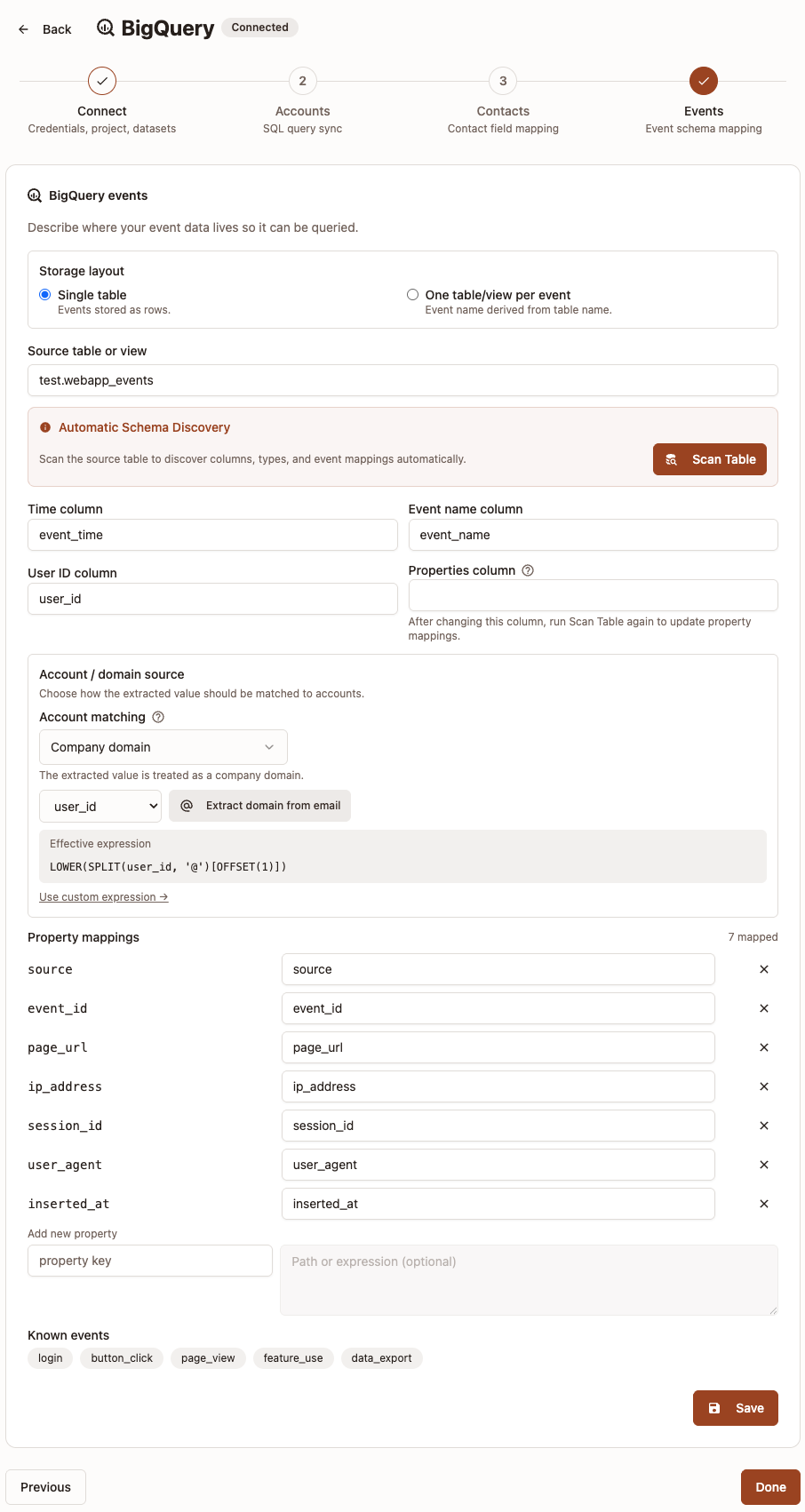 BigQuery Events Step (Single table)